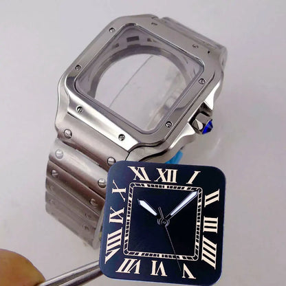 38mm Silver Watch Case Dial set Sapphire Glass Fit NH35 NH36 for Santos Style