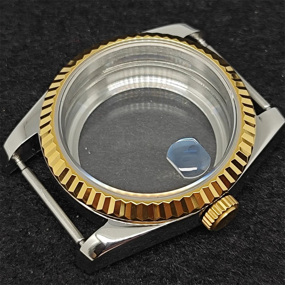 36mm Gold Sliver Fluted Teeth / Bevel Watch Case Sapphire Glass for NH35/NH36/4R