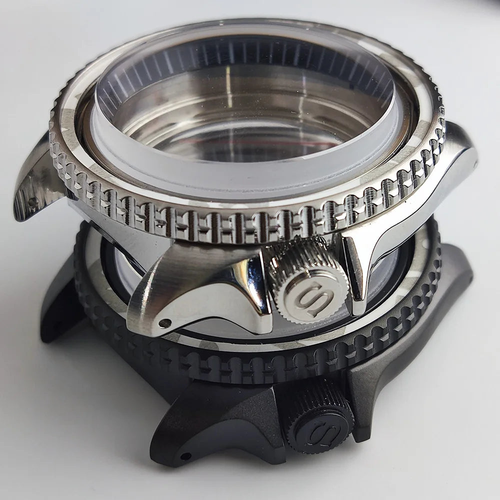 Black matte 41.5mm stainless steel watch case with ceramic bezel, sapphire glass, waterproof, fits NH35 NH36 movements by Case.