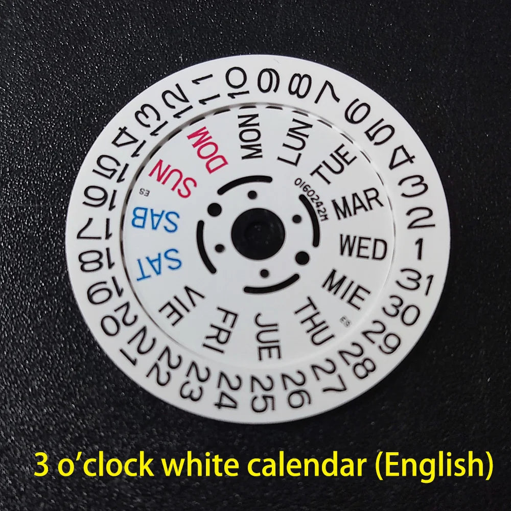 NH36 watch movement with hand-held calendar date disc wheel and day match features.
