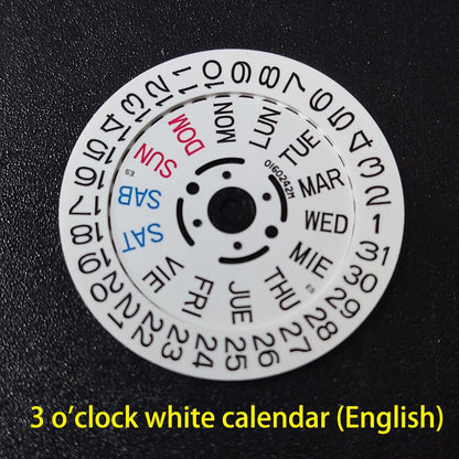 NH36 watch movement with hand-held calendar date disc wheel and day match features.