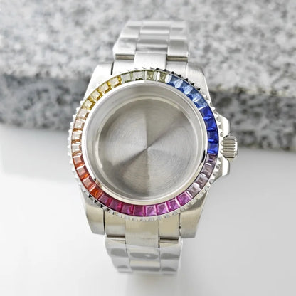 40.5mm Watch Case Strap Set SUB Diamond Studded Rainbow Bezel  for NH35 Movement