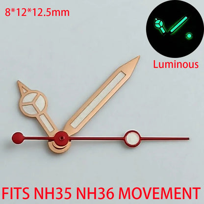 Pointer watch hands in green and blue with Super Luminous finish, compatible with NH 35 NH36 movements by Pointer.
