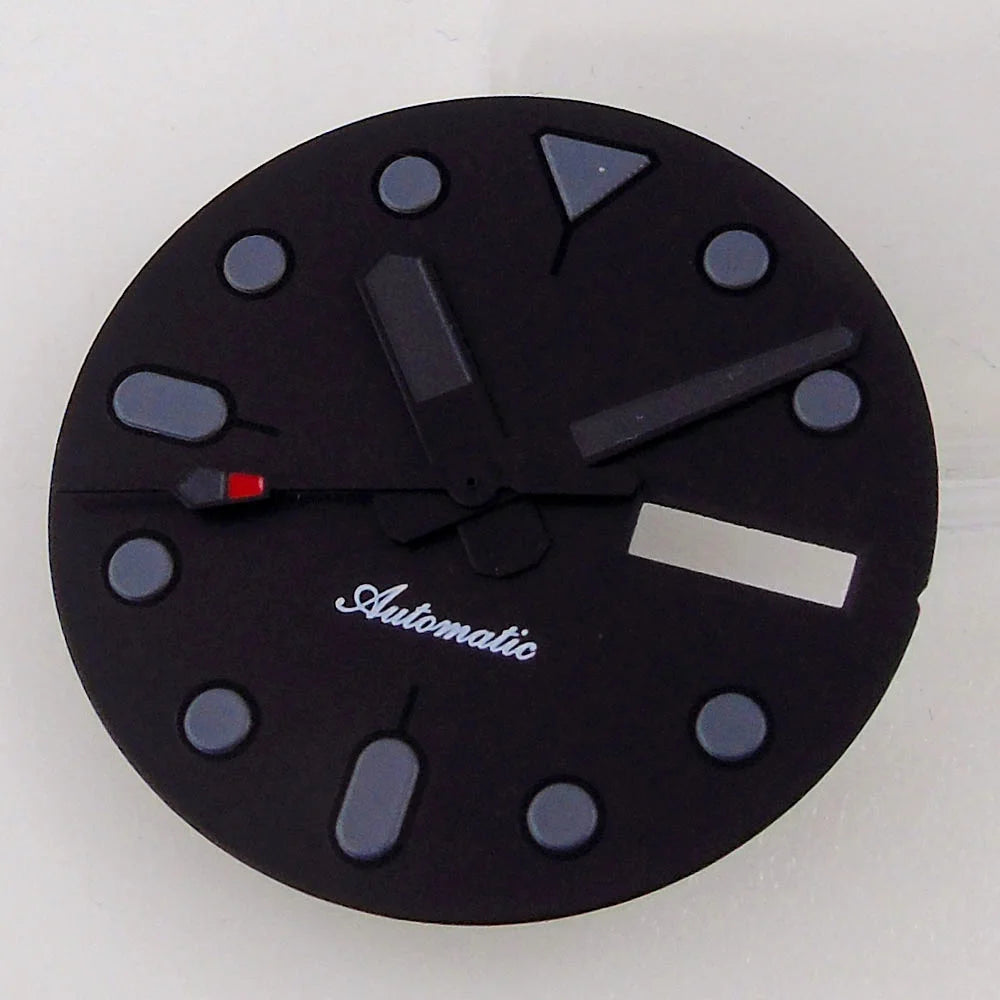 Nologo 29mm black dial with markers and hands for NH36 diver watch, double date function, 3/3.8 crown.