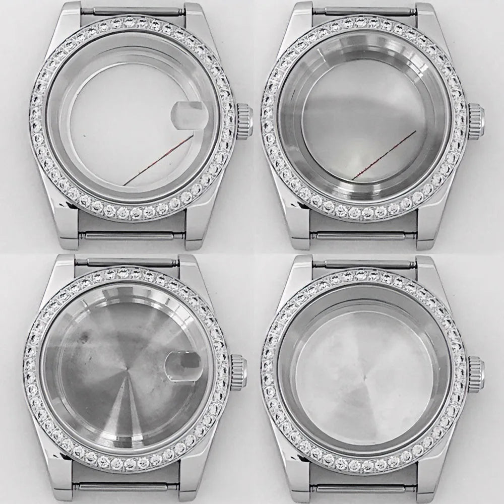 39mm Diamond Watch Case for NH35/36 Sapphire Glass Crystal Bezel Stainless Steel