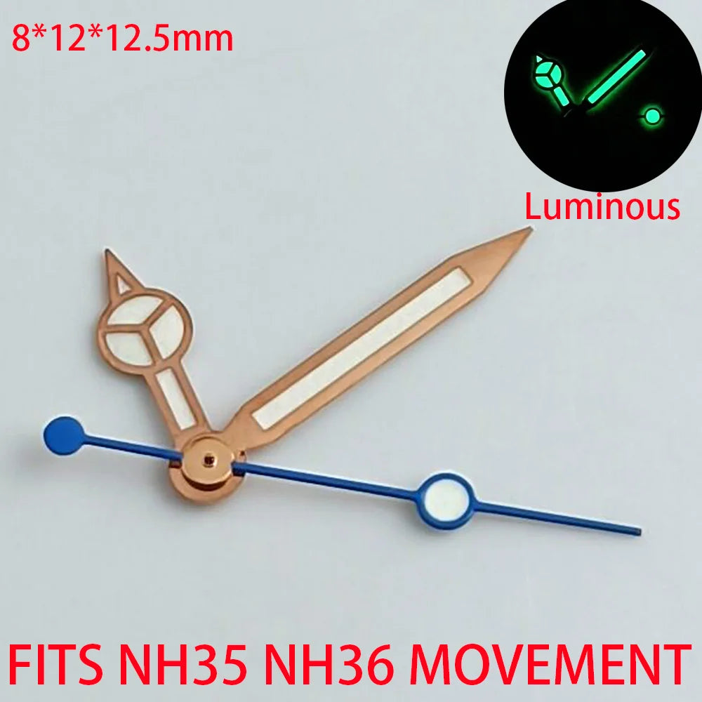 Pointer watch hands in green and blue with Super Luminous finish, compatible with NH 35 NH36 movements by Pointer.