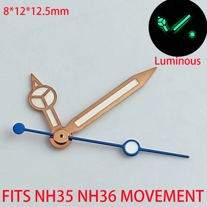 Pointer watch hands in green and blue with Super Luminous finish, compatible with NH 35 NH36 movements by Pointer.