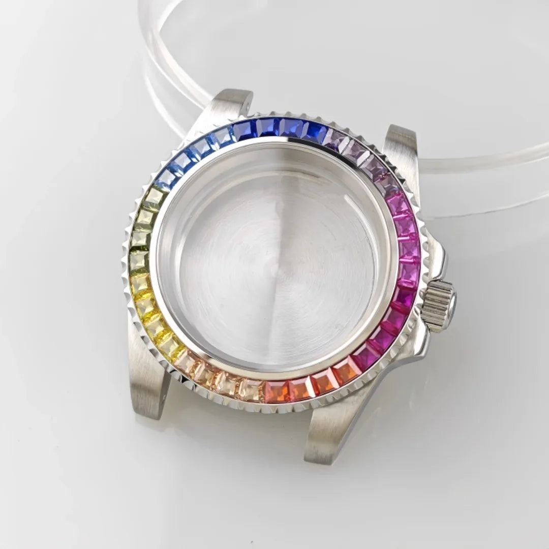 40.5mm Watch Case Strap Set SUB Diamond Studded Rainbow Bezel  for NH35 Movement