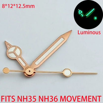Blue-green luminous watch hands compatible with NH35, NH36, ETA 2836, 2824, Miyota 8205, 8215 movements.