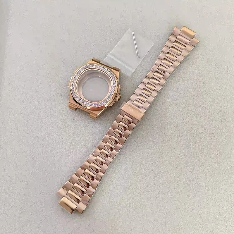 41mm Silver Watch Case+Strap Diamond inlaid Material Waterproof Fit NH35/NH36