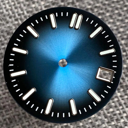 Sterile 29mm Sunray green, blue, grey watch face with silver markers for NH35 NH36 dive pilot watches