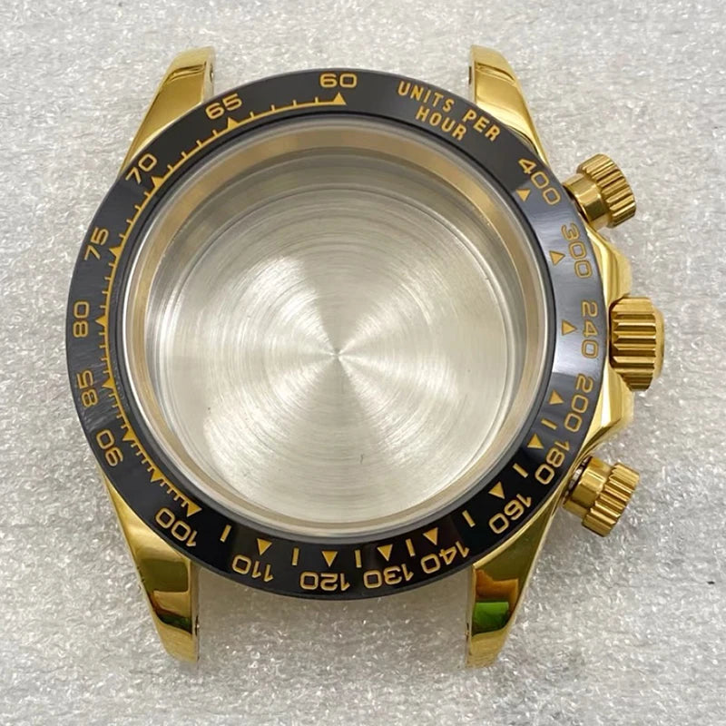 316L Steel 39mm VK63 Gold Watch Case Sapphire Glass Ceramic/Steel Bezel Fit VK63