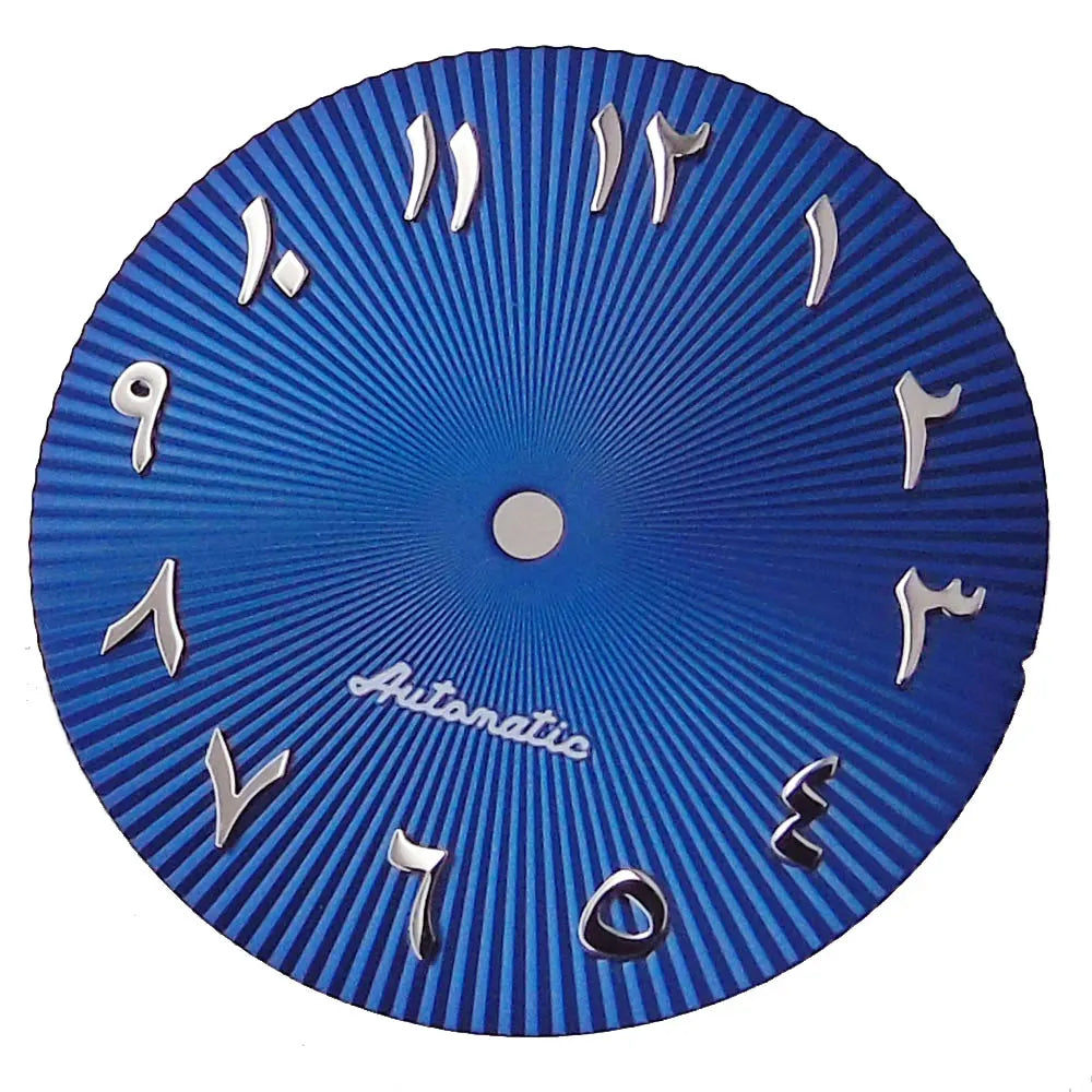 29mm ice blue Middle East numeral dial for 36-39mm fluted bezel watches, compatible with Miyota NH35/NH36 ETA PT.