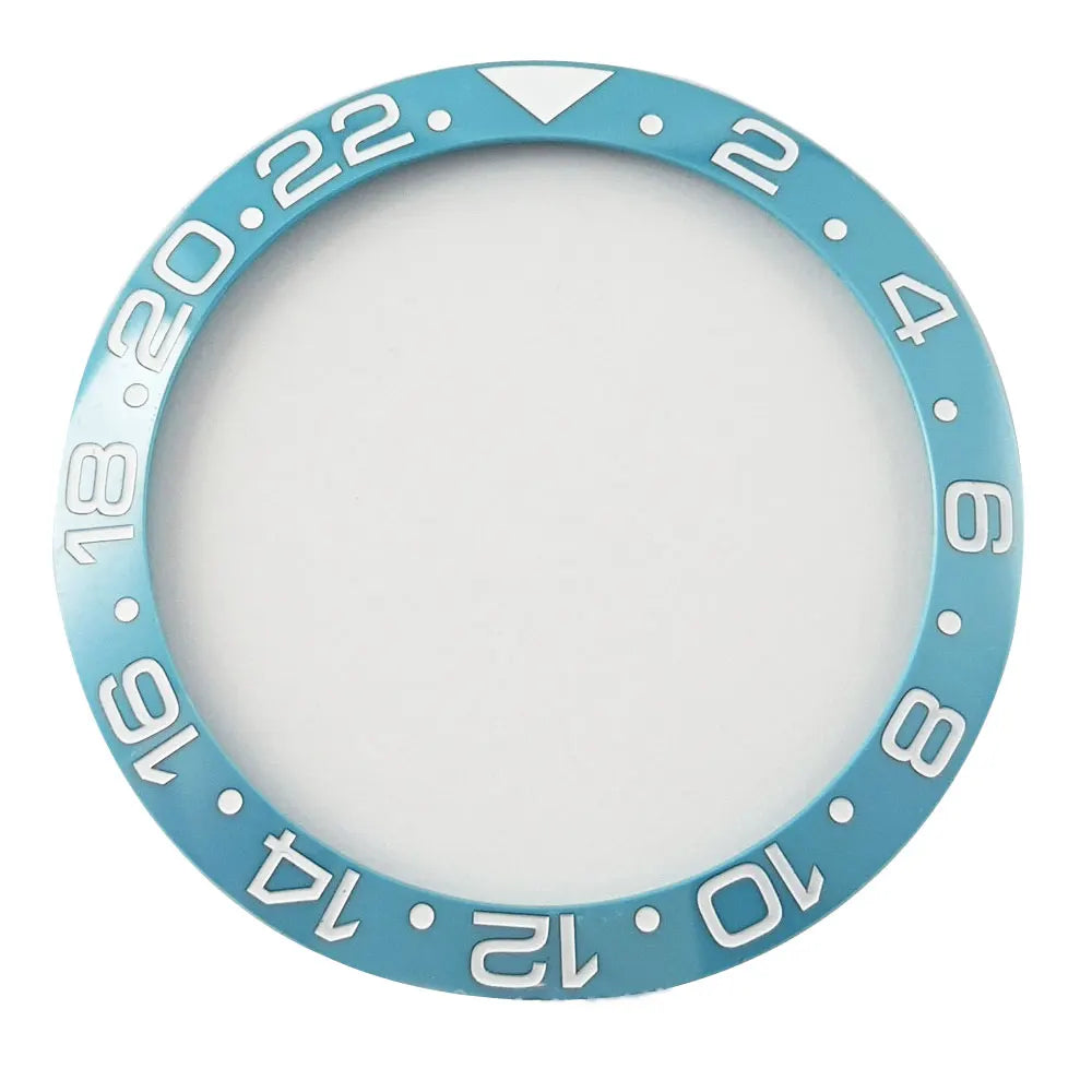 Blue ceramic bezel insert with white Arabic numerals for SUB GMT 38mm diver watch.