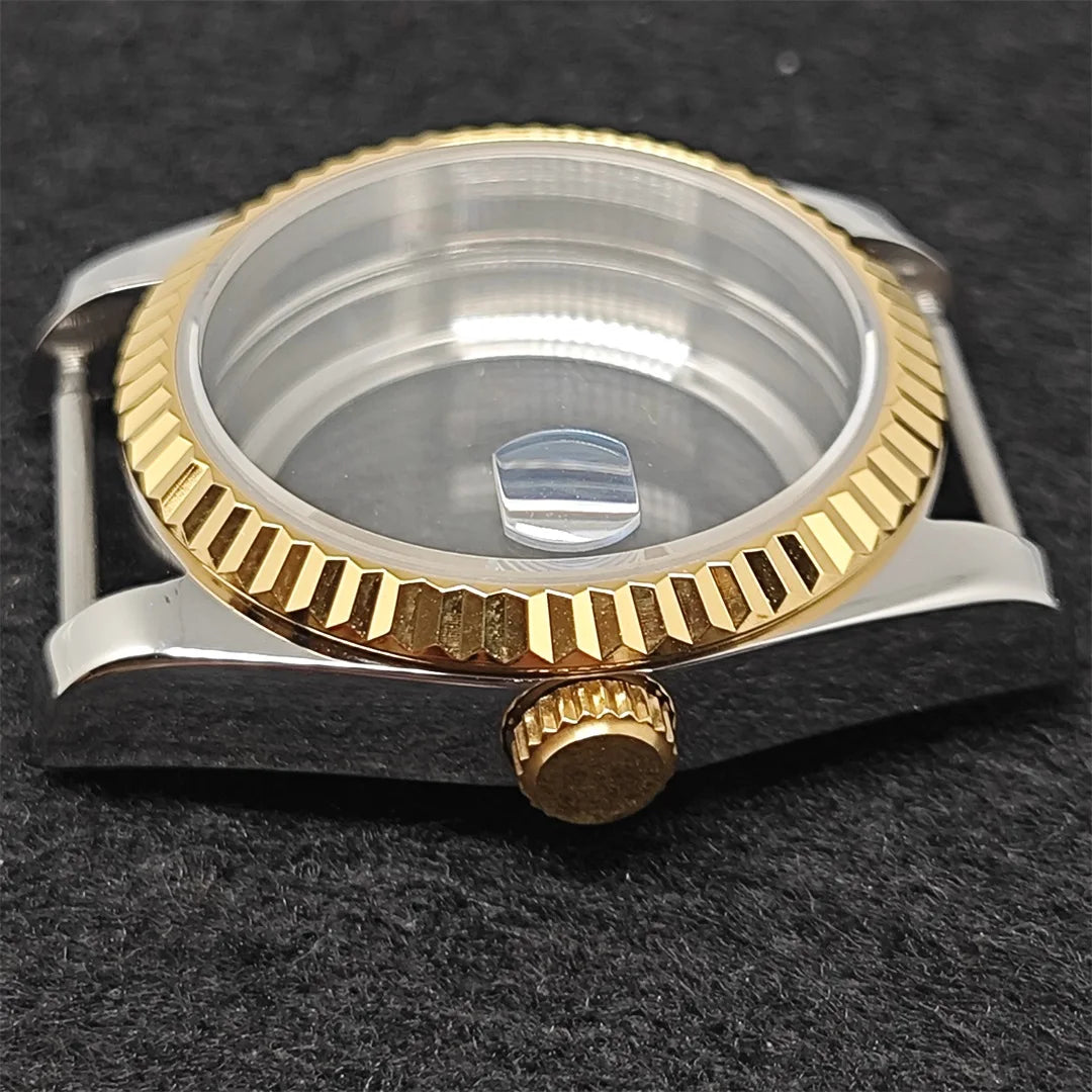 36mm Gold Sliver Fluted Teeth / Bevel Watch Case Sapphire Glass for NH35/NH36/4R