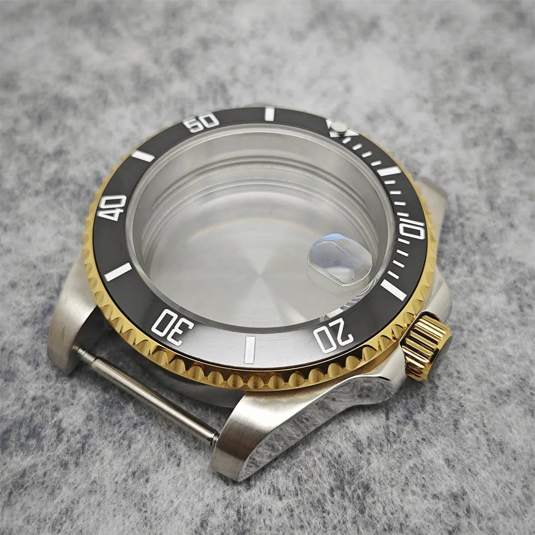 40mm Steel Gold Edge Watch Case Sapphire Date Magnifying Glass for NH35/NH36