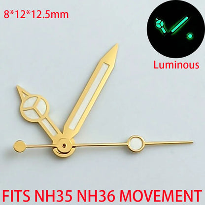 Pointer watch hands in green and blue with Super Luminous finish, compatible with NH 35 NH36 movements by Pointer.