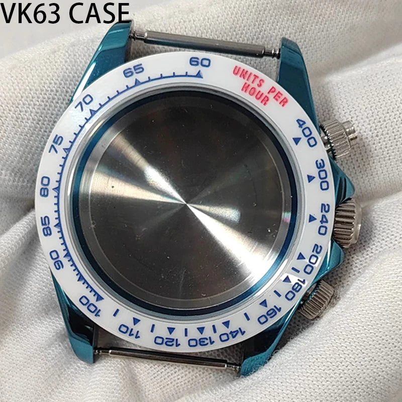Steel 39mm VK63 PVD Blue Watch Case Sapphire Glass Ceramic/Steel Bezel Fit VK63