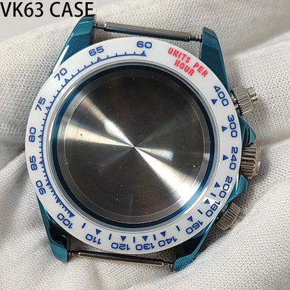 Steel 39mm VK63 PVD Blue Watch Case Sapphire Glass Ceramic/Steel Bezel Fit VK63