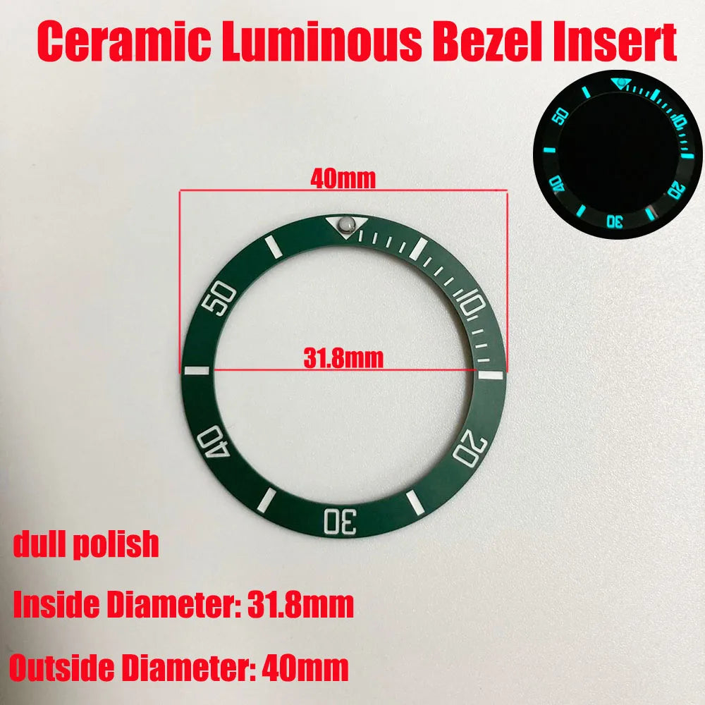 Sloping 40x31.8mm ceramic bezel insert with super luminous feature for divers watches replacement.
