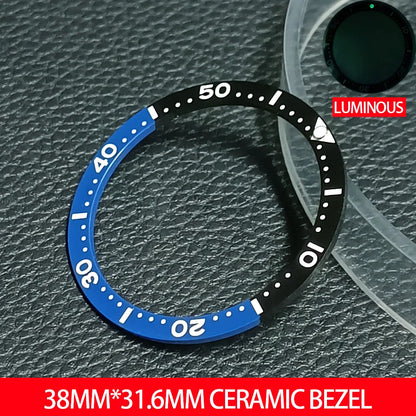 Flat ceramic bezel insert 38mm with luminous markers for precise watch accessory replacement.