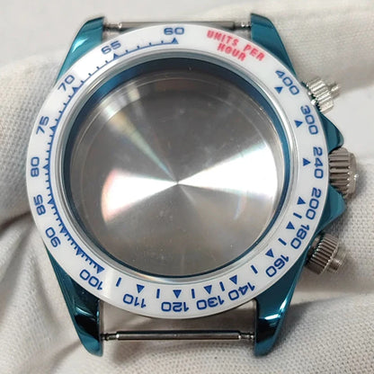 Steel 39mm VK63 PVD Blue Watch Case Sapphire Glass Ceramic/Steel Bezel Fit VK63