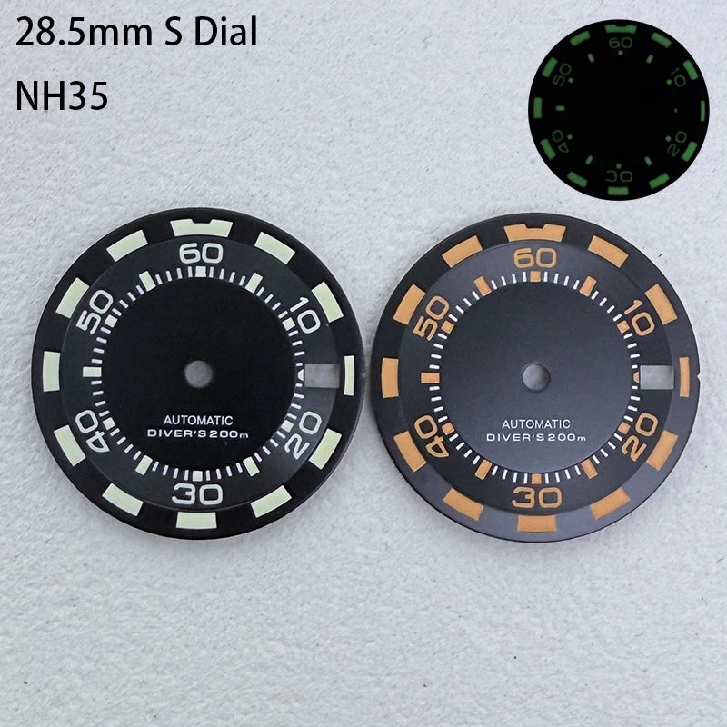 28.5mm S Logo SKX Minute Number Watch Dial Green Luminous Fit NH35/NH36/7S/4R
