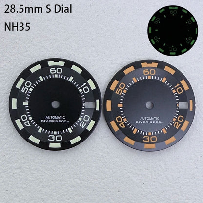 28.5mm S Logo SKX Minute Number Watch Dial Green Luminous Fit NH35/NH36/7S/4R
