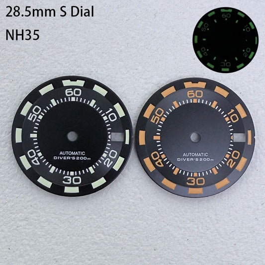 28.5mm S Logo SKX Minute Number Watch Dial Green Luminous Fit NH35/NH36/7S/4R