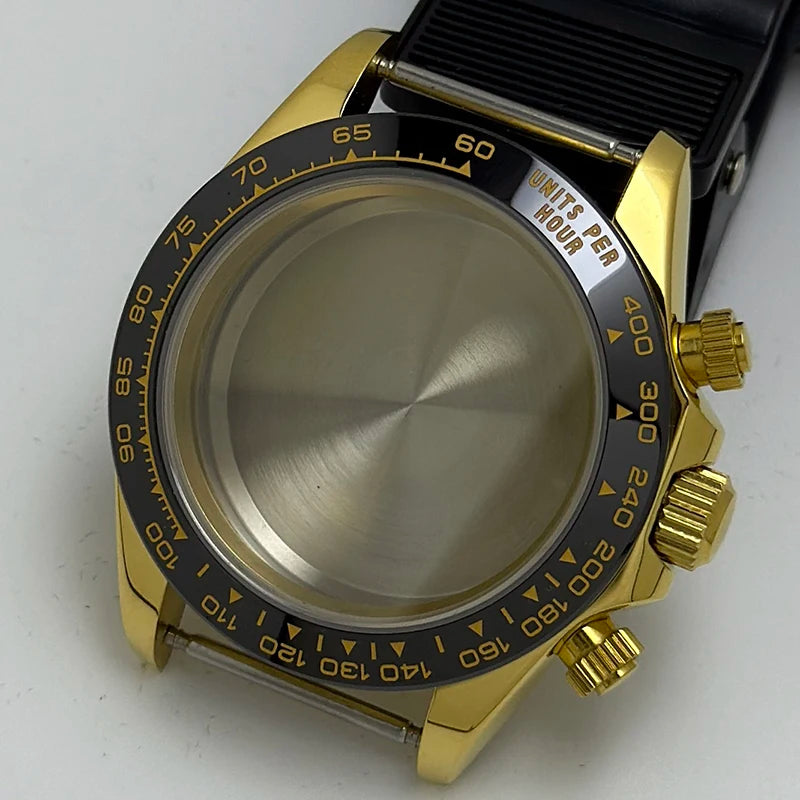 316L Steel 39mm VK63 Gold Watch Case Sapphire Glass Ceramic/Steel Bezel Fit VK63