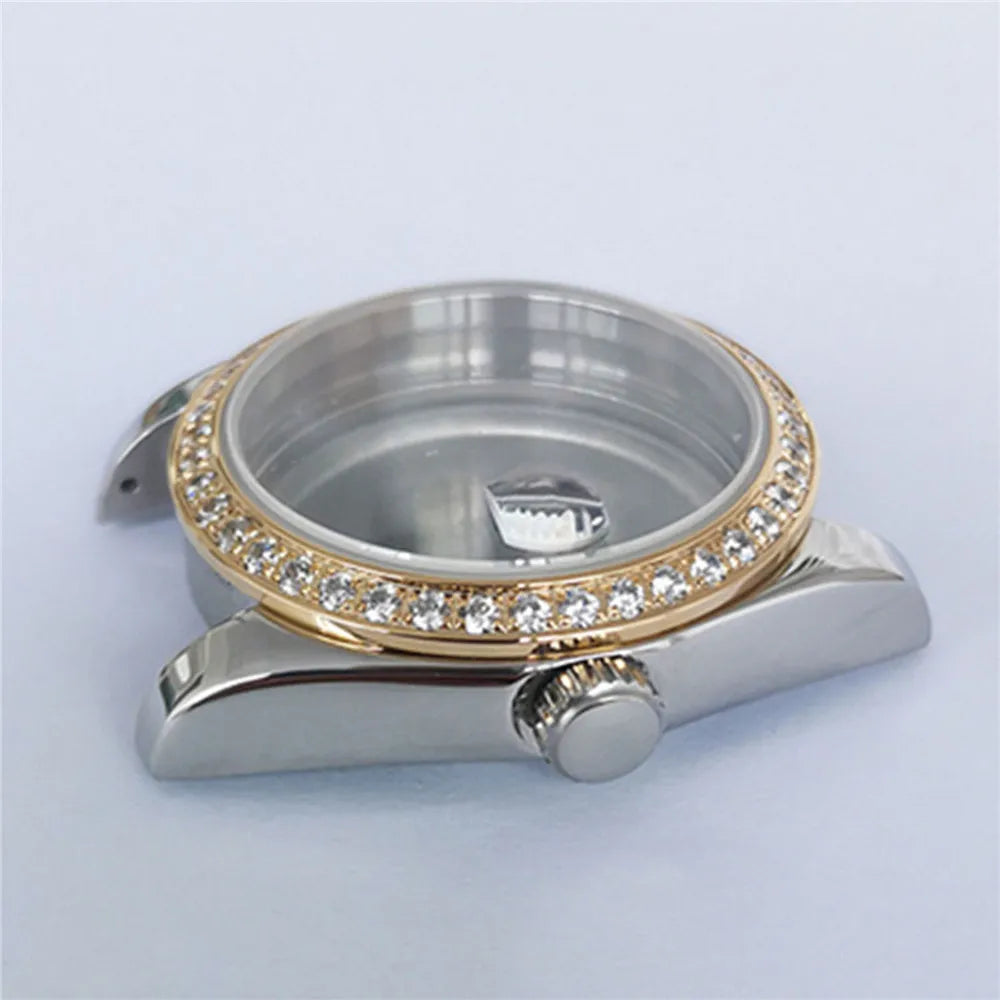 36mm Diamond Steel Watch Case for NH35 NH36 Sapphire Crystal Solid Bottom  Bezel