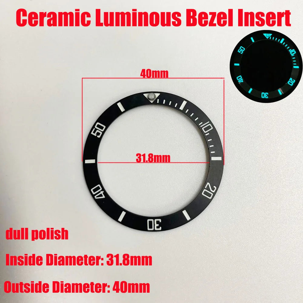 Sloping 40x31.8mm ceramic bezel insert with super luminous feature for divers watches replacement.