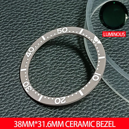 Flat ceramic bezel insert 38mm with luminous markers for precise watch accessory replacement.