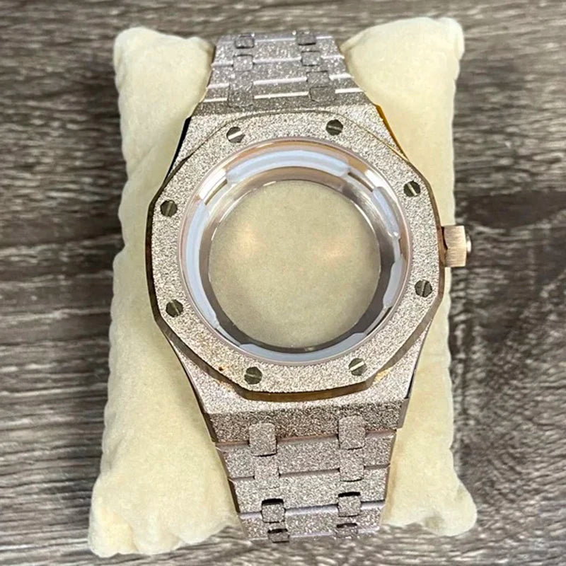 41mm RoseGold Case+Strap Shining Star Sanding Sapphire Crystal For NH35/36/4R/7S