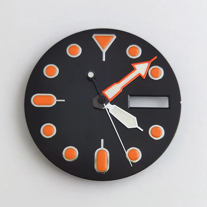 Plane sapphire glass watch case with ceramic bezel, stainless steel, fits NH35/NH36 movement, waterproof design.