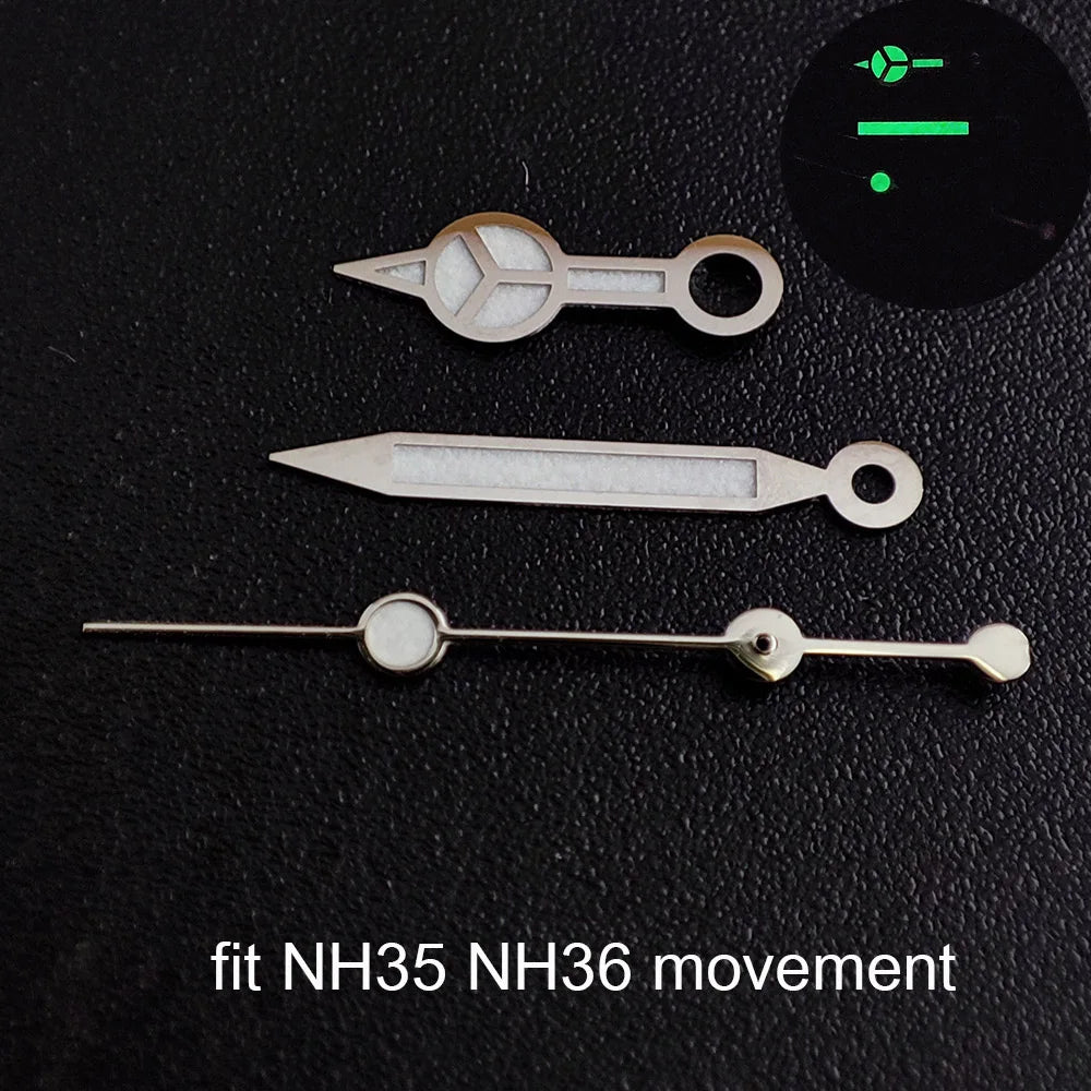 Green luminous watch hands compatible with NH35 NH36 ETA 2836 2824 Miyota 8205 8215 movements.