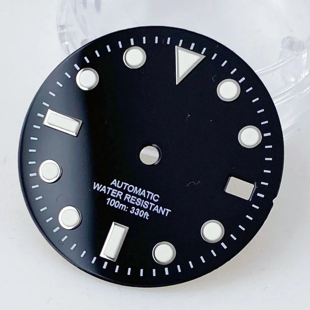 Sterile SUB 29mm sunburst green/blue watch dial with luminous markers for NH35 diver watches.
