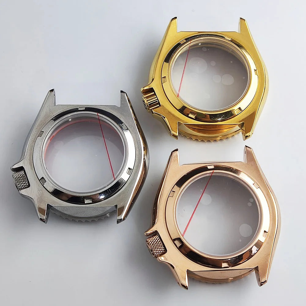 Plane sapphire glass watch case with ceramic bezel, stainless steel, fits NH35/NH36 movement, waterproof design.