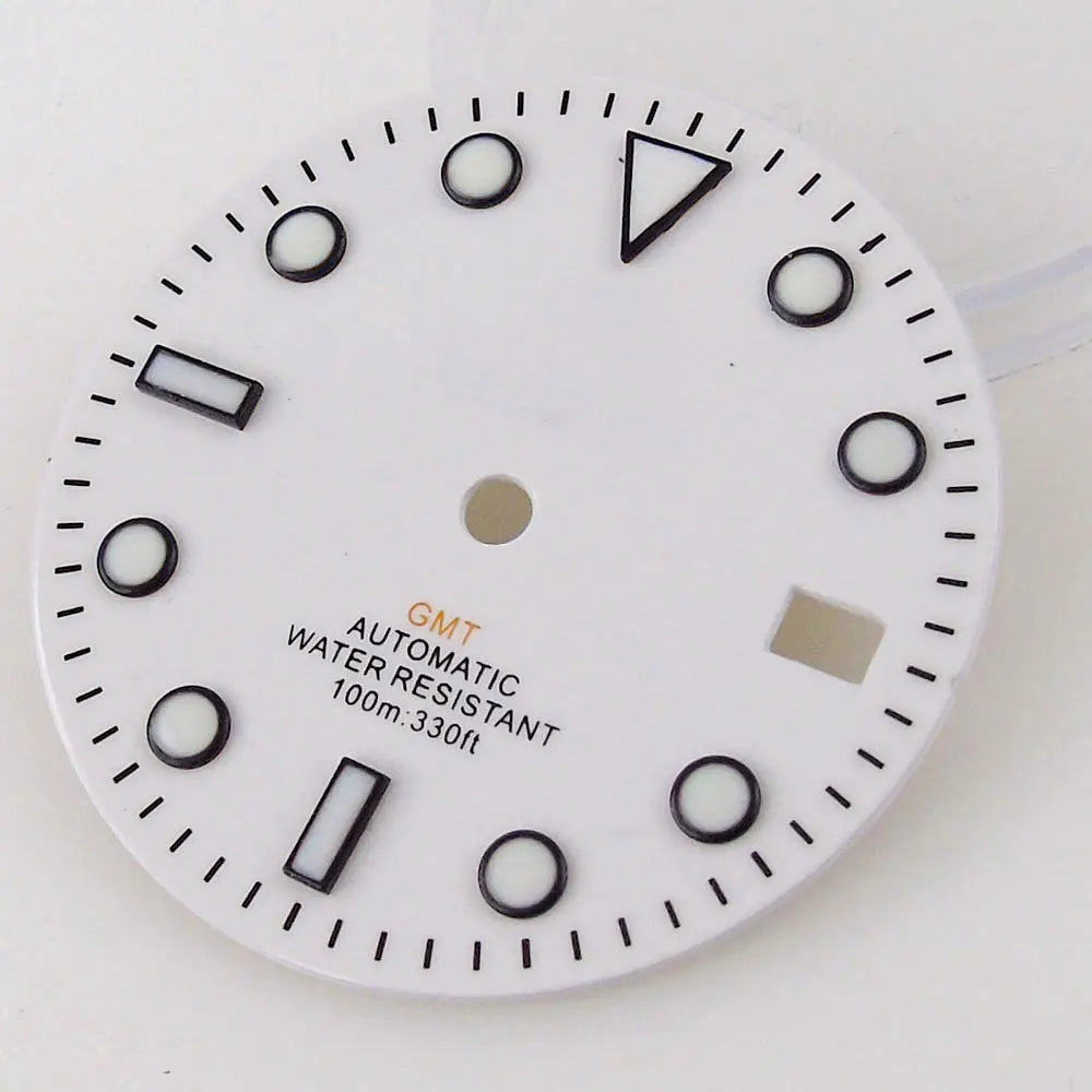 Nologo Sterile 29mm white NH34A watch dial for diver GMT mod, black edge markers, orange hands.