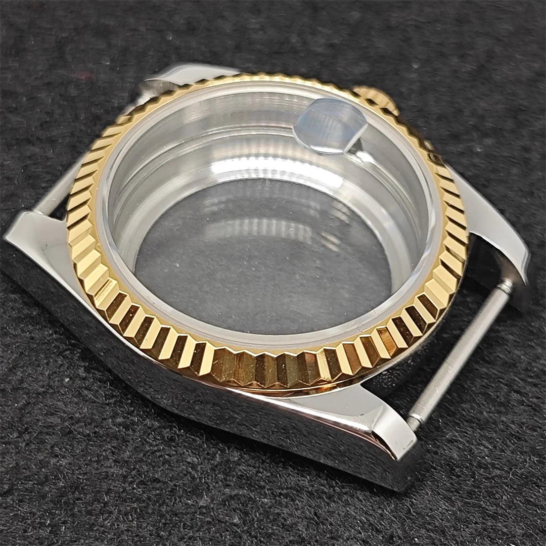 36mm Gold Sliver Fluted Teeth / Bevel Watch Case Sapphire Glass for NH35/NH36/4R