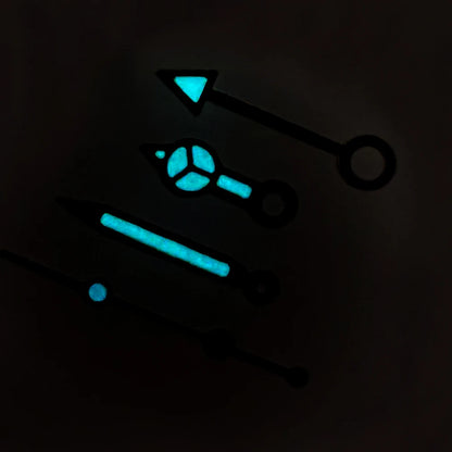 Red and silver trimmed blue luminous diving watch hands for NH34 GMT movement, precise timekeeping.