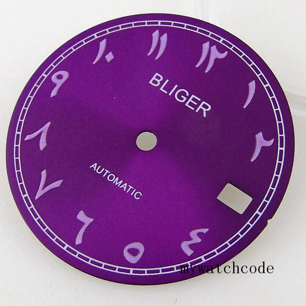 Bliger 29mm multicolor watch dial with green lume, compatible with NH35A NH36A automatic movements.