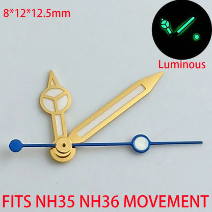 Pointer watch hands in green and blue with Super Luminous finish, compatible with NH 35 NH36 movements by Pointer.