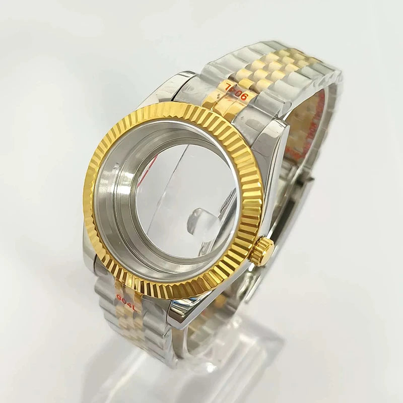 41mm Silver-Gold Classic Style Watch Case+Strap 28.5mm Dial Waterproof Fit 8285