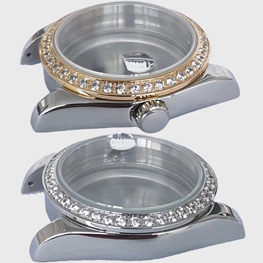 36mm Diamond Steel Watch Case for NH35 NH36 Sapphire Crystal Solid Bottom  Bezel