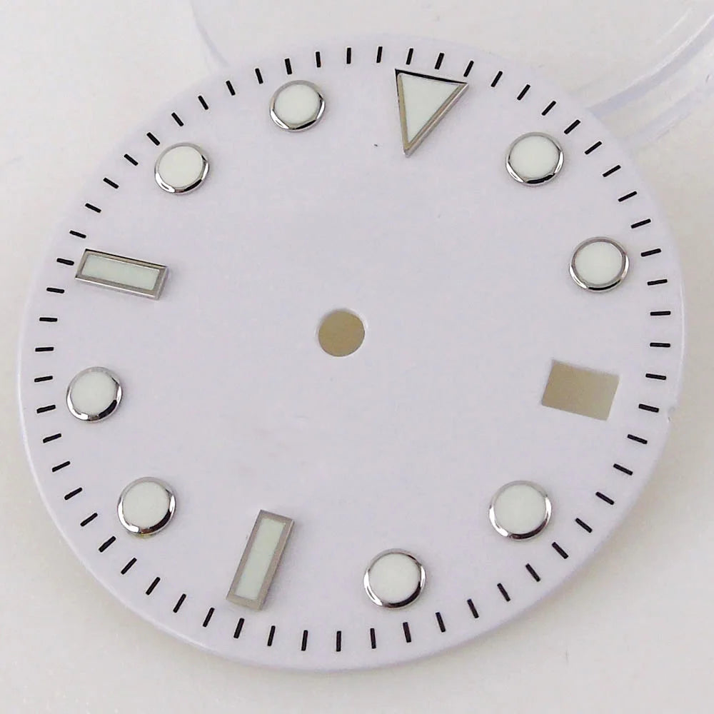 Nologo Sterile 29mm white NH34A watch dial for diver GMT mod, black edge markers, orange hands.