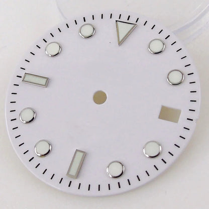 Nologo Sterile 29mm white NH34A watch dial for diver GMT mod, black edge markers, orange hands.