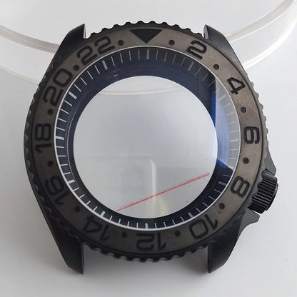 Black matte 41.5mm stainless steel watch case with ceramic bezel, sapphire glass, waterproof, fits NH35 NH36 movements by Case.