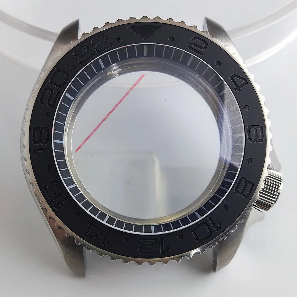 Black matte 41.5mm stainless steel watch case with ceramic bezel, sapphire glass, waterproof, fits NH35 NH36 movements by Case.