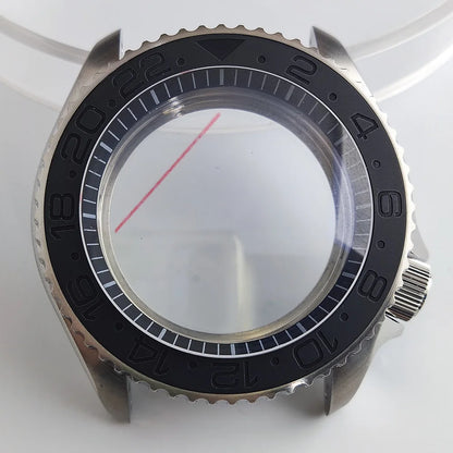 Black matte 41.5mm stainless steel watch case with ceramic bezel, sapphire glass, waterproof, fits NH35 NH36 movements by Case.